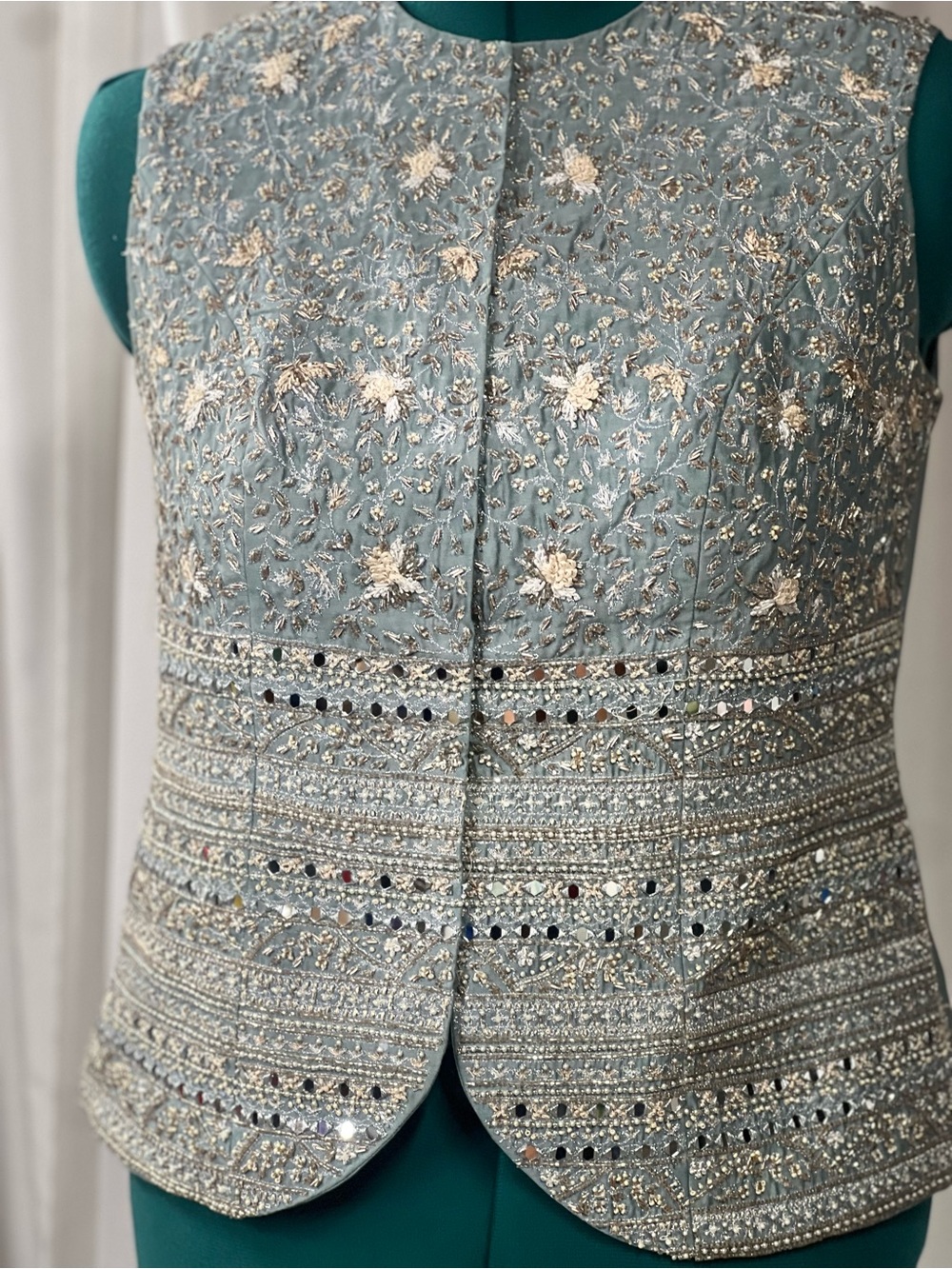 Sana Barreja Embroidered Light Teal Beaded Sleeveless Vest